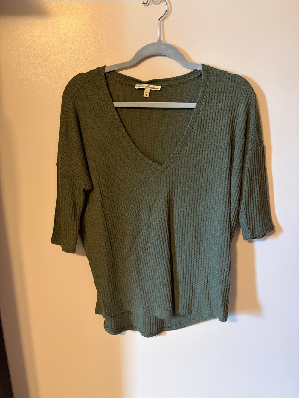 Casual Olive V-Neck Waffle Knit Top